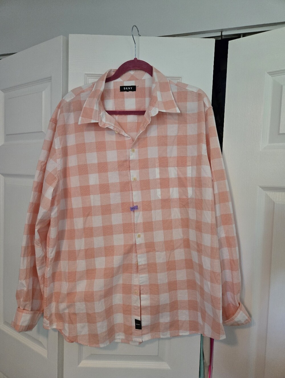 DKNY Men's Peach and White Check Button-Down Shirt